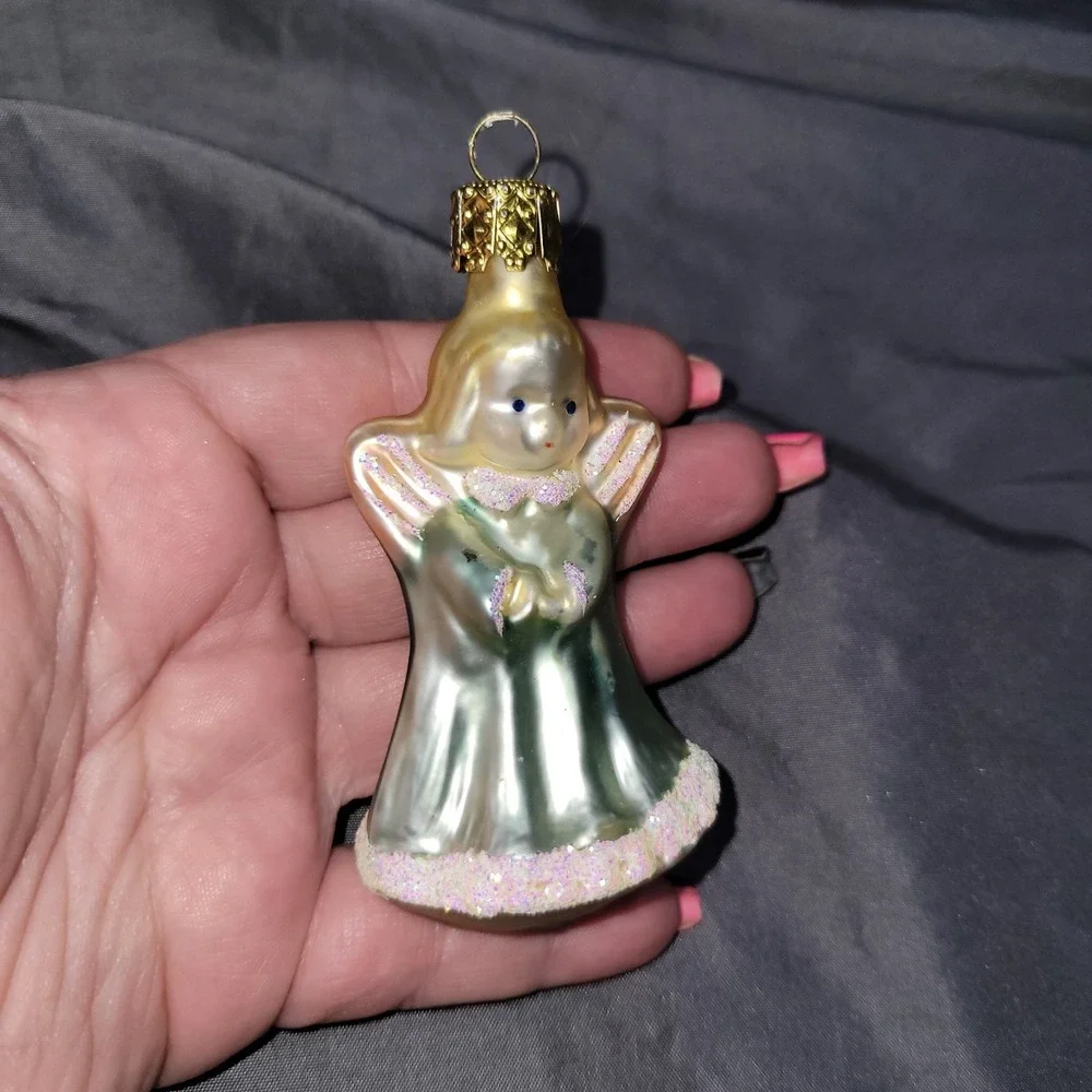 Vintage Hand Blown Glass Christmas Ornament Cherub Angel Green German